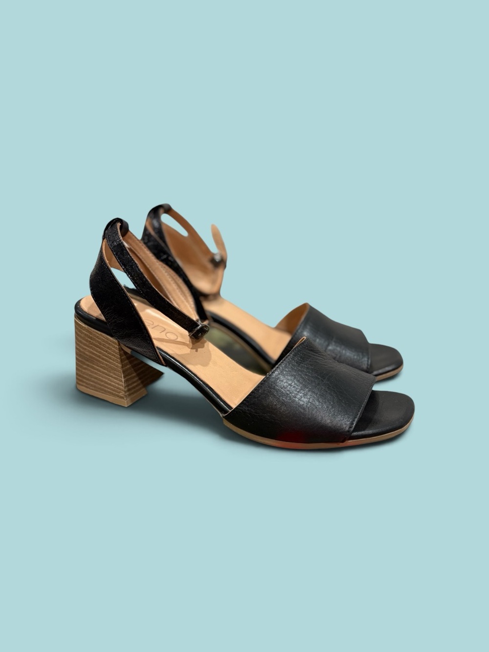 Bueno Black Leather Block Heel Sandals
